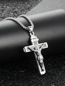 Stainless Steel Cross Pendant Necklace, 24 Inch Chain, Unisex Christian Jewelry, Casual Style, All Seasons