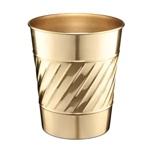 Brushed Gold Handcrafted Wave-Embossed Metal Wastebasket – Modern Decorative Trash Bin for Bathroom, Office, or Home – Durable & Stylish Garbage Can