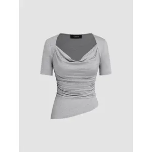 Cider [3 colors, size 2-10] Cowl Neck Ruched Asymmetrical Hem Short Sleeve Tee