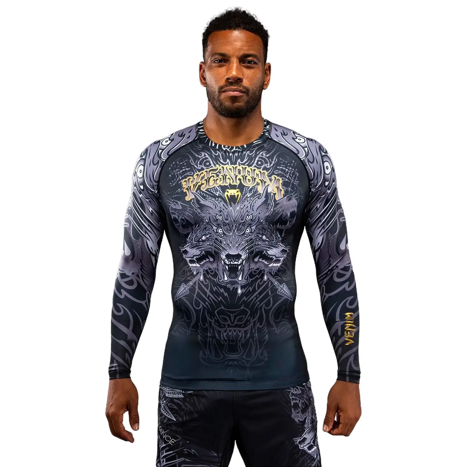 Venum Wolf Atak Long Sleeve Rashguard - Black/Grey, Compression Fit, Lightweight Fabric, Reinforced Seams, for Mixed Martial Arts Training, Male Wear, Wolf Graphic, Full Body Workout
