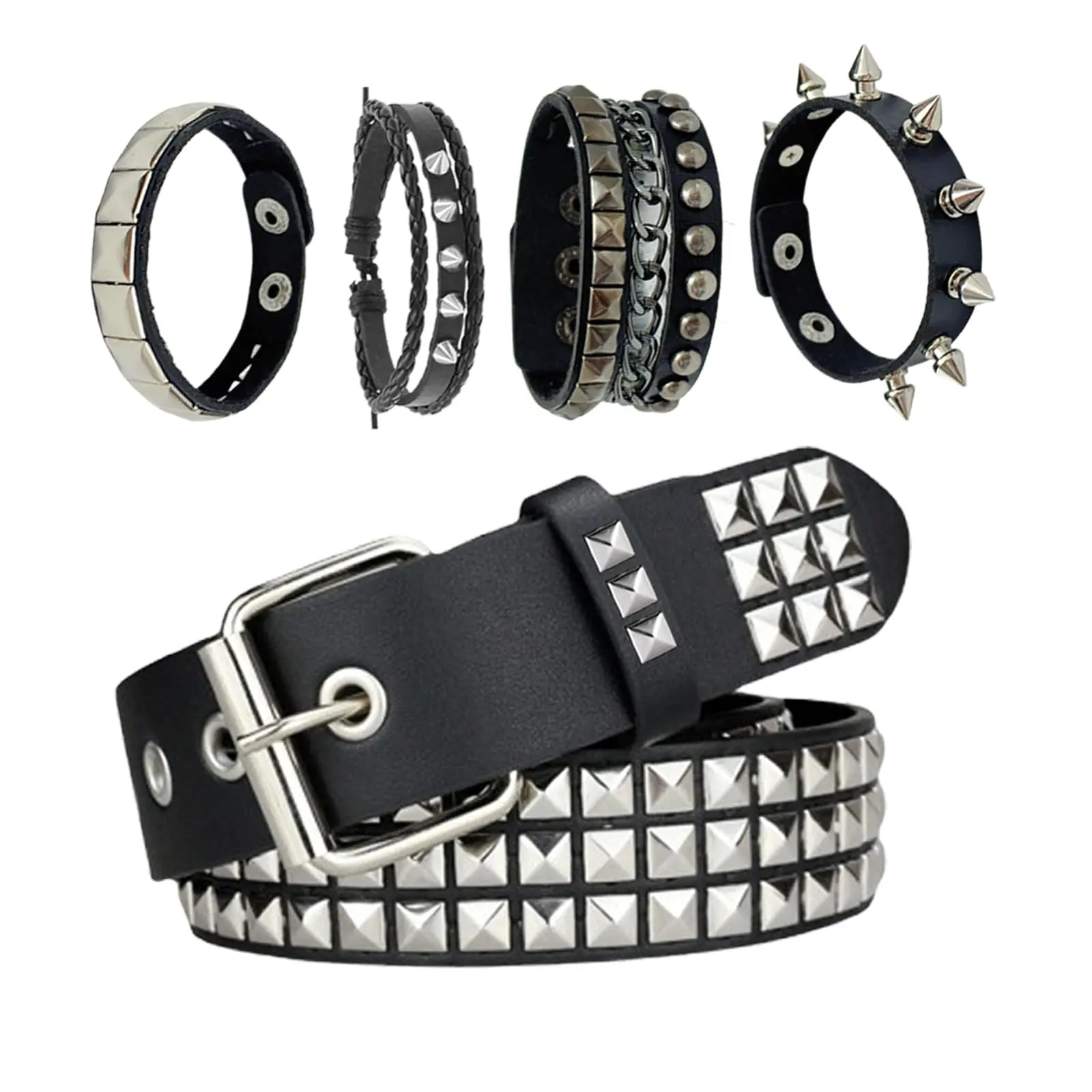 Black Studded Belt and Bracelet Set, Punk Goth Rivet Cuff Bracelets Y2K Grunge Accessories for Men Women, Fashion Accessories