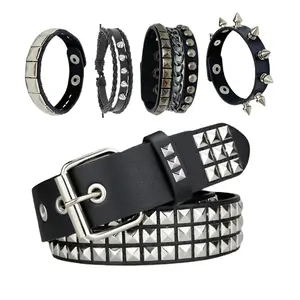 Black Studded Belt and Bracelet Set, Punk Goth Rivet Cuff Bracelets Y2K Grunge Accessories for Men Women, Fashion Accessories tiktokshopspringglowup