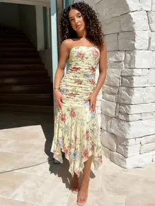 Holiday Style Series Party Wear Women's Floral Pattern Slim Fit Sleeveless Dress, Summer Fashionable Design, All-Over Printed Mesh Bodycon Gown, Womenswear