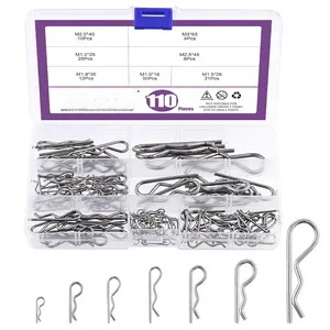 110 count 304 Stainless Steel Cotter Pin Hair Pin Hitch Pin R Shape Clips Fastener Fitting Assortment Kit, Multiple Sizes Hair Pins R Clips Fastener Set for Use  Hitch Pin Lock System