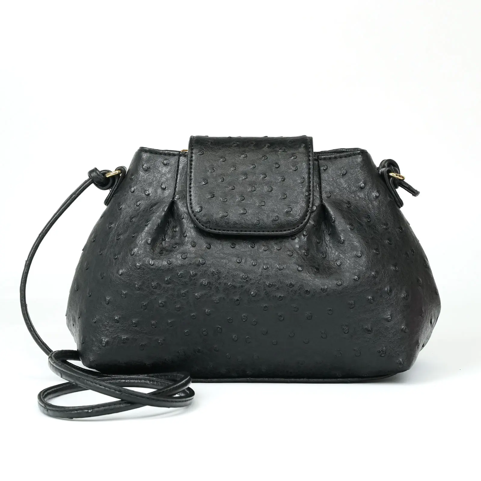 Women Black Ostrich Pattern Crossbody Bag Cute Dumpling Pouch Shoulder Purse Elegant Flap Clutch Handbag with Slim Strap