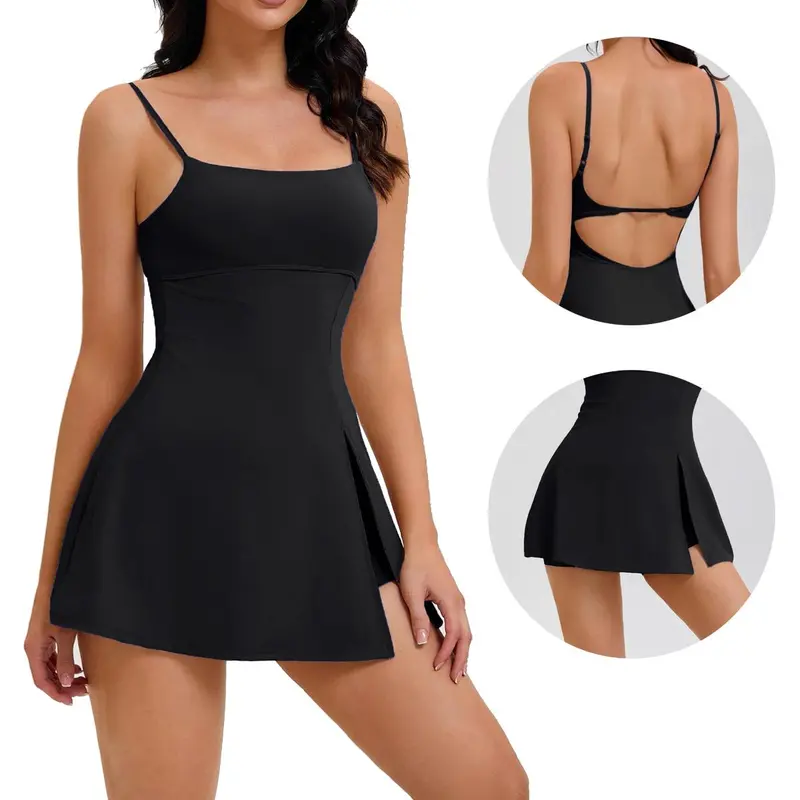 Kabuer Women's Sleeveless Athletic Workout Dress - Square Neck, Backless Spaghetti Straps, 87% Nylon Stretch, Quick-Dry Built-in Shorts, Side Slit, Above the Knee, Breathable, Tank Tops Style for Tennis, Spring-Fall Adults