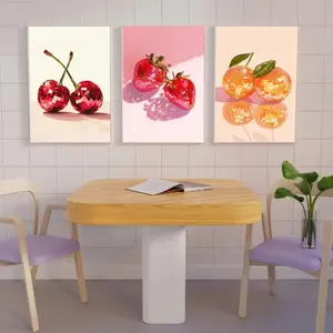3pcs Fashion Strawberry Cherry Art Canvas Paintings, Cute Trendy Style for Bedroom Living Room Dorm Home Decor, No Frame Included