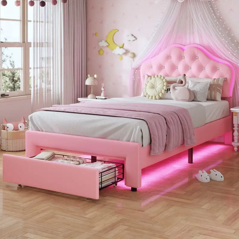 Sikaic Twin Size Velvet Princess Platform LED Bed with Storage Drawers and Adjustable Crystal Button Headboard Pink Comfortable Nursery Design Cute Be