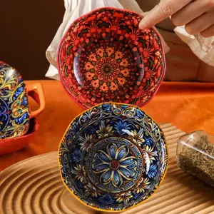 4pc Boho Style Ceramic Soup Bowls, Perfect for Breakfast, Milk, Large Capacity Cups, Practical Home Diningware, 5 Inches