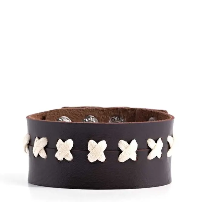 Metro Mustang Brown Leather Bracelet with White Crosses and Silver Studs