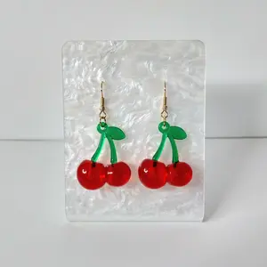 #170 Red Cherries with Green Stem & Leaves Earrings, Casual, Acrylic, Everyday Food Fruit Summer Jewelry