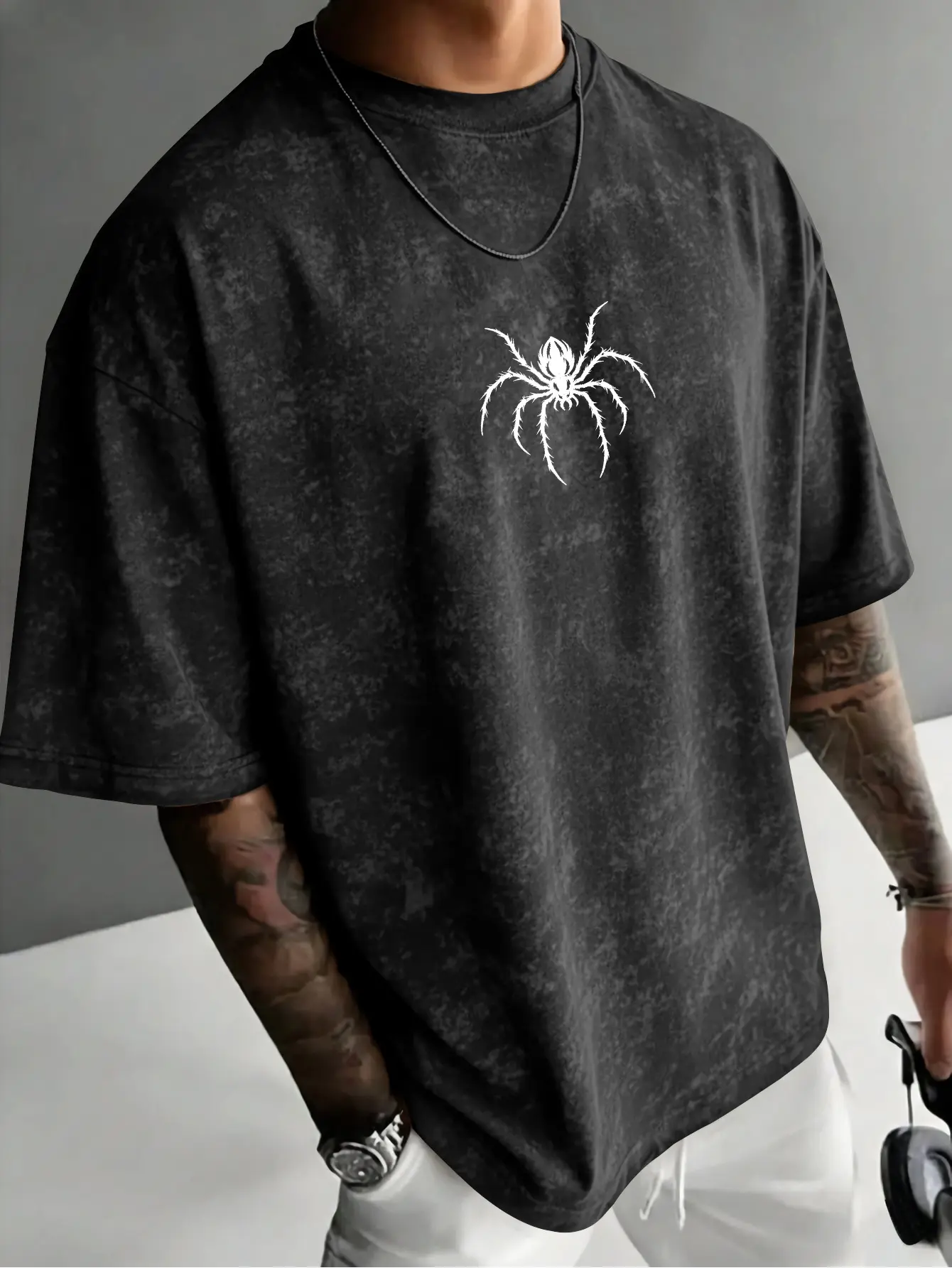 American Retro Distressed Short Sleeve T-Shirt, Men'S Dark Spider Print Regular Oversize Streetwear Top