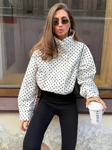 Women's Spring Summer New Drawstring Zipper Pocket Polka Dot Retro Stand Collar Casual Streetwear Jacket Coat