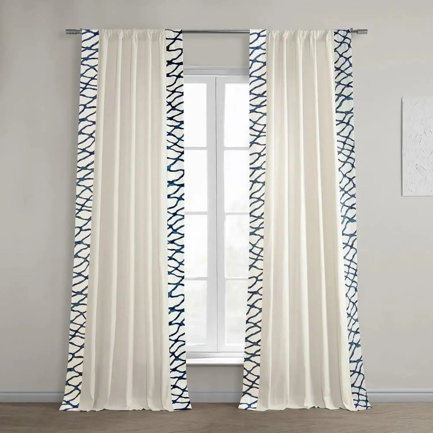 Half Price Drapes Ellis Blue Bordered Cotton Finished Curtains - Printed Traditional Indoor Privacy-Focused Window Treatments, Dry Clean Only (Ideal for Dining Rooms, Bedrooms), Finished Curtain