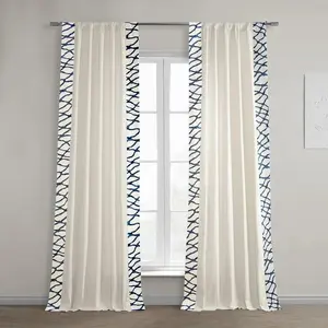 Half Price Drapes Ellis Blue Bordered Cotton Curtain
