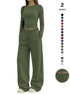 Women's Solid Ruched Drawstring Loungewear Set, Casual Long Sleeve Round Neck Top & Pocket Wide Leg Trousers, Spring Summer Sleepwear Pajama Set