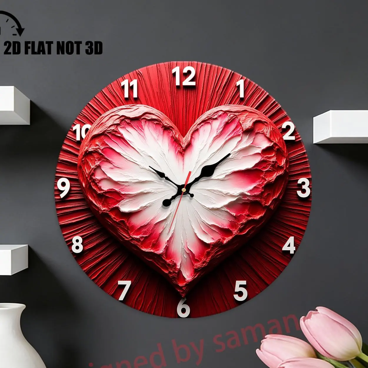 Valentine Wall Clock 12 Inch, A Heart in Red and White 2D Flat Pattern ...