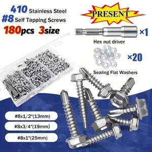 180Pcs 410 Stainless Steel Self-Tapping Screws Assortment Kit – Round Hex Head Screws with Washers, Wrench and Storage Case for Wood & Metal
