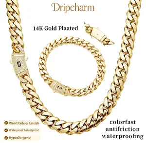 [New Upgraded Set] 14K Gold-Plated Cuban Necklace & Bracelet The latest electroplating gold-plating process for rust prevention 6mm/8mm/10mm/12mm/14mm Technology Waterproof Sweatproof Perfect Gift