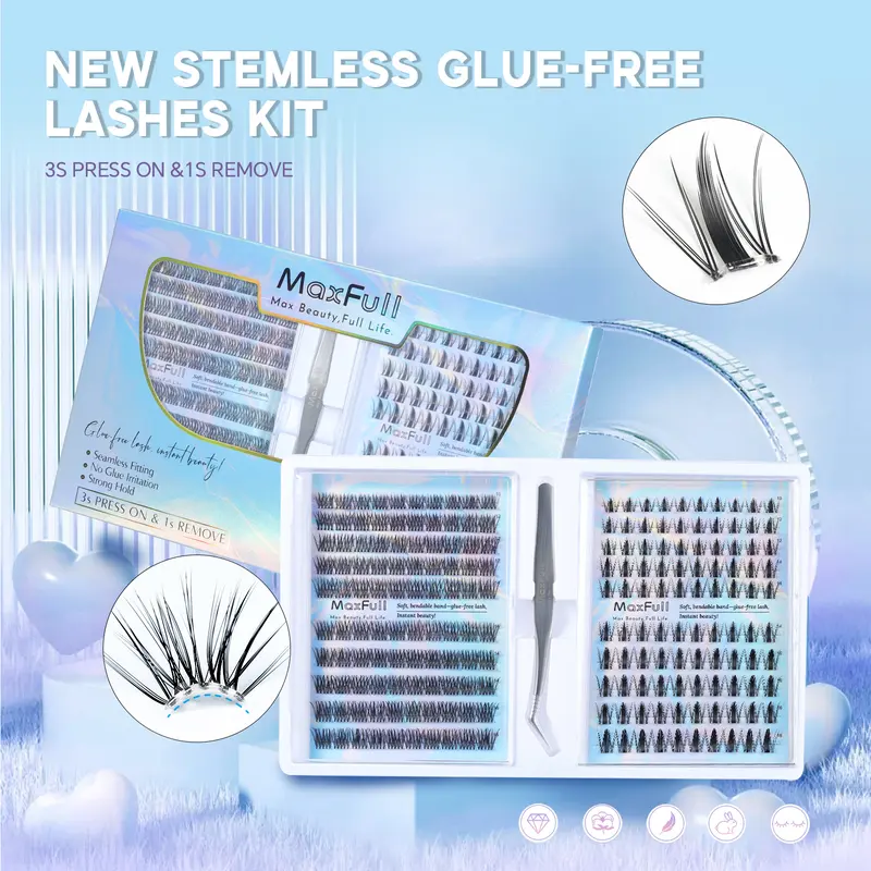 Maxfull Glueless Lashes Bendable Invisible Band Super Strong Hold Lash Clusters Kit 10-18mm DIY Self Adhesive All‑Day Hold Eyelashes Extensions Kit D Curl Anime&Natural Dual Style Fluffy Wispy Pre-Glued Eyelash Beginner-Friendly Press‑On & Easy Remove