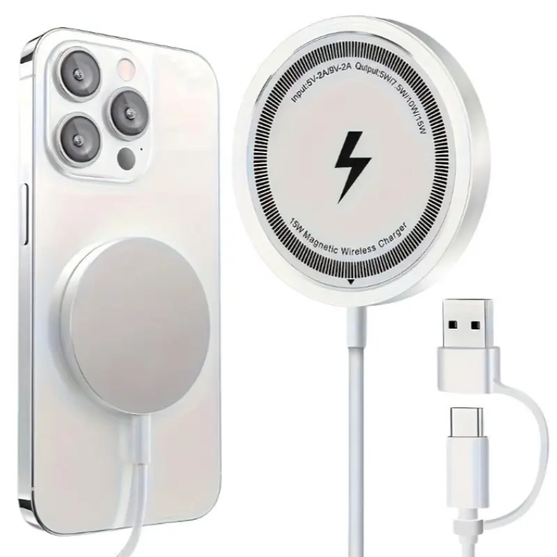 15w Magnetic Charging Design Wireless Charger Fast Charging Compatible with iPhone Samsung Huawei Lg, Qc PD Standard Round Shape, Magsafe Wireless Charger