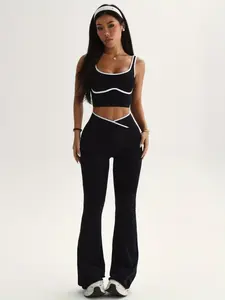 Women's Seamless Colorblock Vest Flare Pants Set, High Waist Crossed Belly Control, Casual Daily Wear, All Seasons