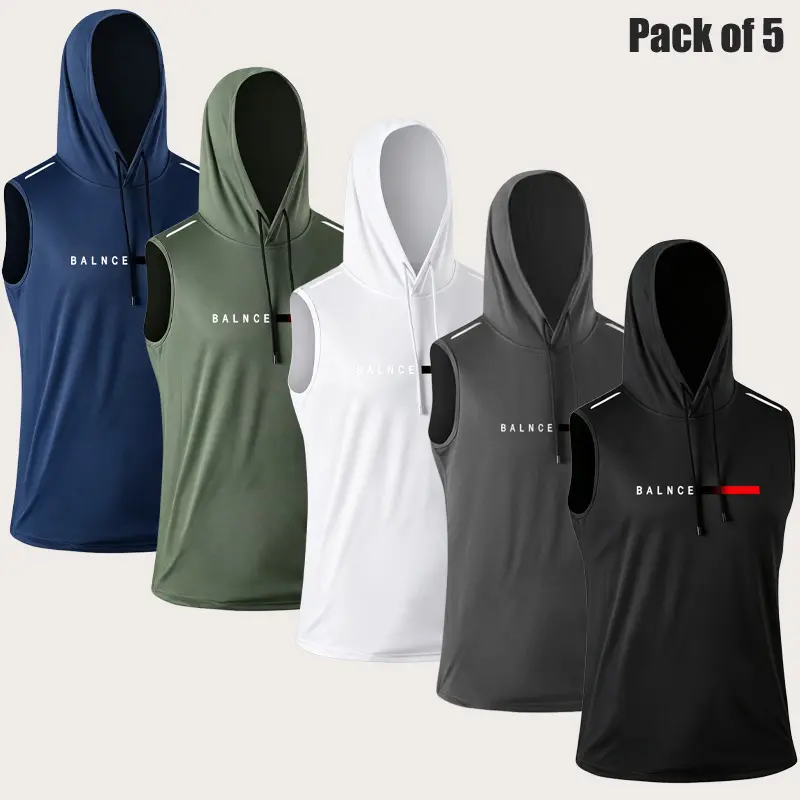 Men's 5-Pack Hooded Ice Silk Athletic Vests, Quick-Dry Graphic Workout Tank Tops for Gym & Running, Plus Size, Athletic Outdoor Vests, Sports, Gym Wear, Plus Sizes, Loose-Fit, Letter Print, Versatile, Activewear Sleeveless, Polyester, Casual, Sleeveless S