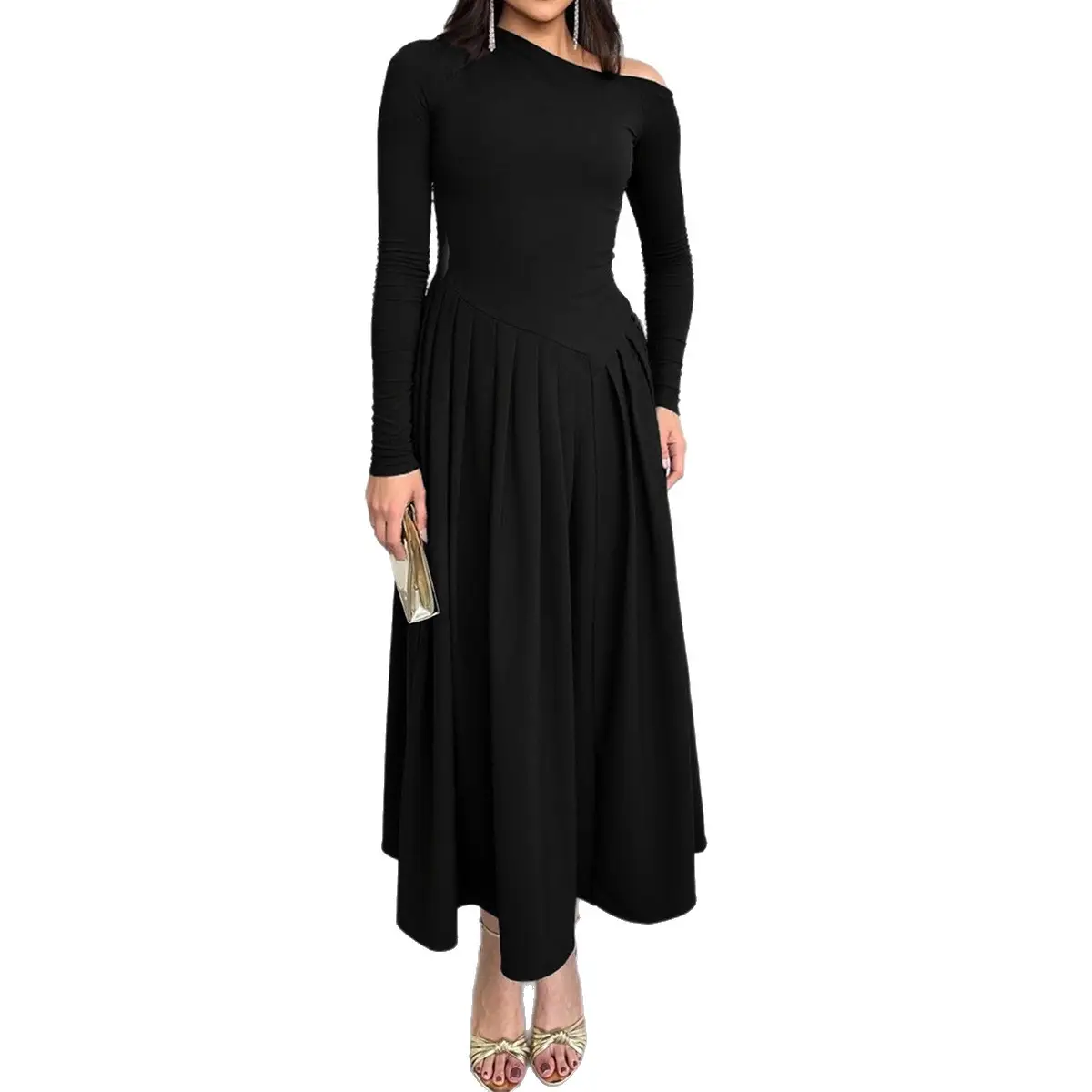 Layguide Elegant High Waist Long Sleeve Long Skirt Dress Women's Clothing 2025 Autumn Winter Casual Womenswear Coffee Color Crewneck Minimalist
