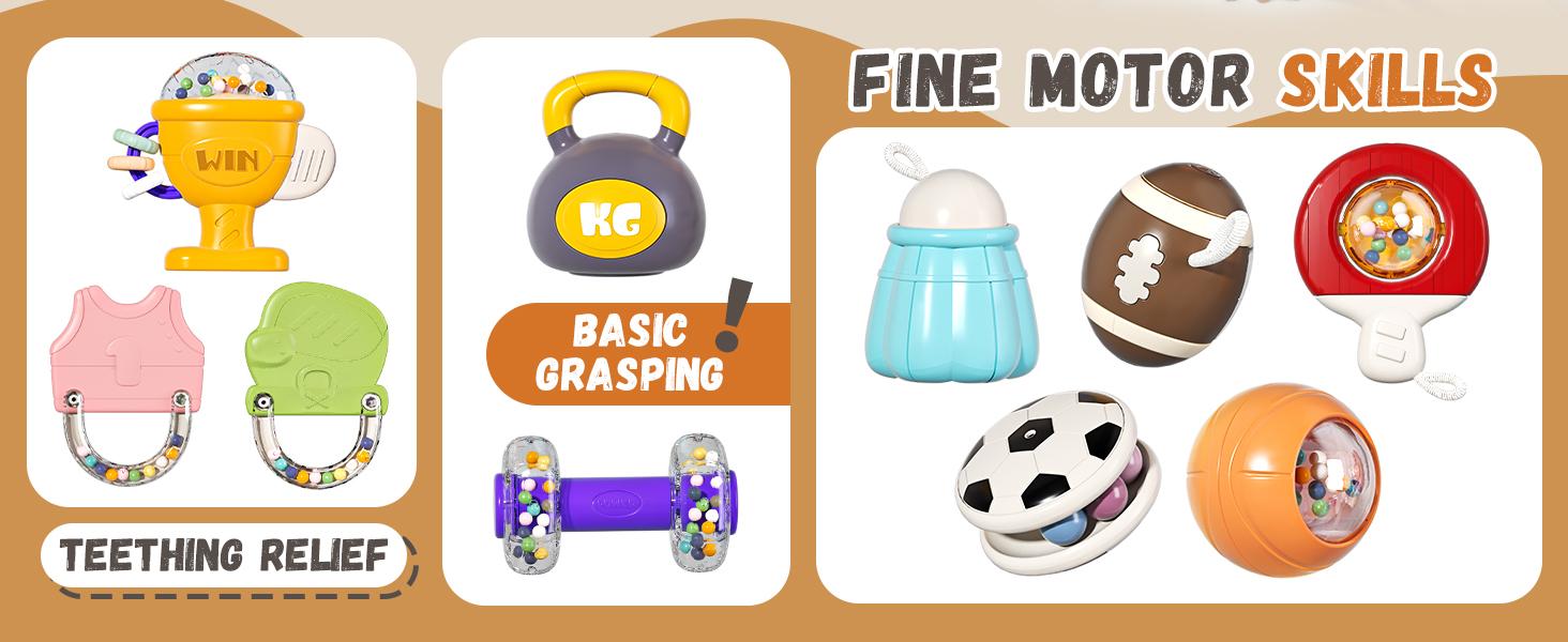 11-Piece Sports Baby Rattles & Teether Toys with Soft Gym Bag, Infant Sensory Grasping Shakers, Early Development Set for Newborns 0-6 6-12 Months