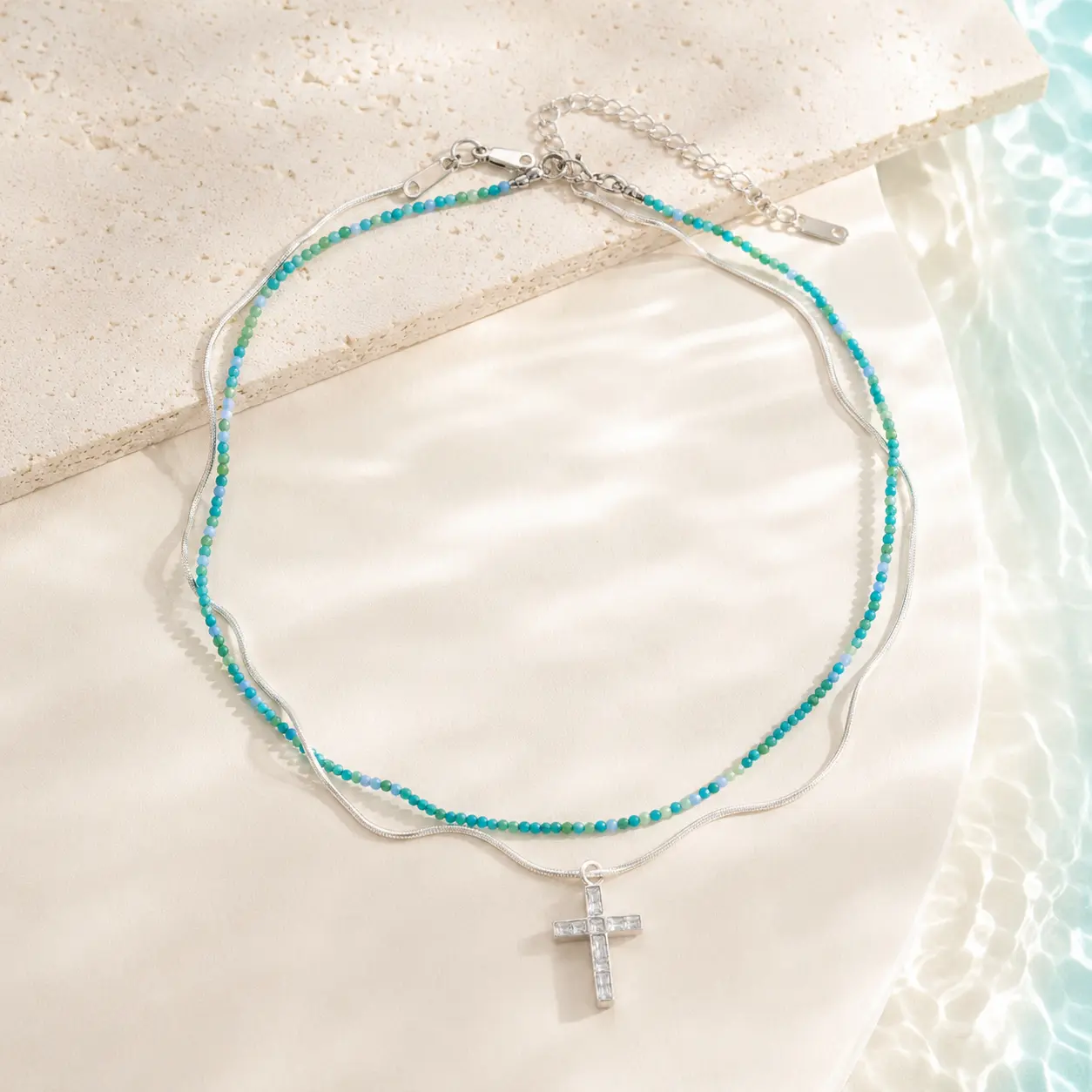 Elegant Layered Beaded Cross Necklace for Women - Waterproof Silver Snake Chain Choker Perfect Christmas Birthday Gift for Girlfriend Sister