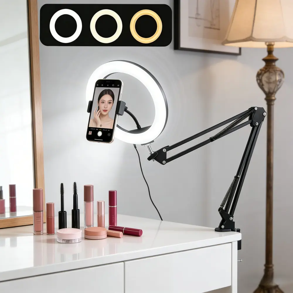 3-Color LED Fill Light with Phone Holder, Selfie Stand, Height Adjustable, 10Level Brightness, Dimmable LED Circle Round Light for Selfie Camera Photography/Makeup, Photoshoot Accessories