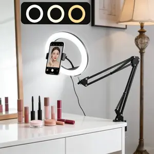 3-Color LED Fill Light with Phone Holder, Selfie Stand, Height Adjustable, 10Level Brightness, Dimmable LED Circle Round Light for Selfie Camera Photography/Makeup, Photoshoot Accessories