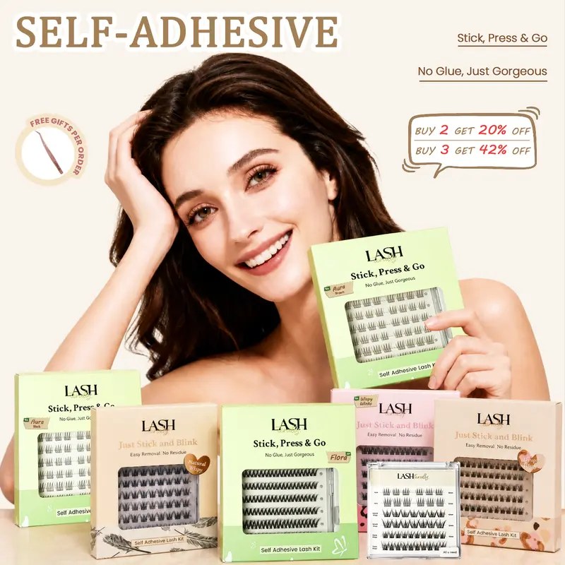 Lashterally Self-Adhesive Lash Clusters Kit - Cosmetic Eyelash Extension for Adults, D Curl, 10-14mm Mixed Lengths, 90-120 Pcs, 24-Hour Hold, Reusable Lightweight, Glue-Free Wispy Doll Eye, Lash Clusters False Eyelashes & Adhesives for Makeup Styling