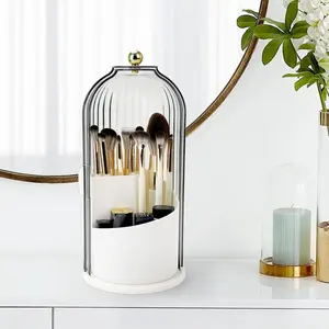 Makeup Brush Organizer With Lid | 360° Rotating Dustproof Cosmetic Brush Holder | Clear Storage Cup For Vanity Desk Office Bathroom Countertop | Spinning Makeup Tools Container | Must Have Beauty Storage Organizer | Space Saving Design