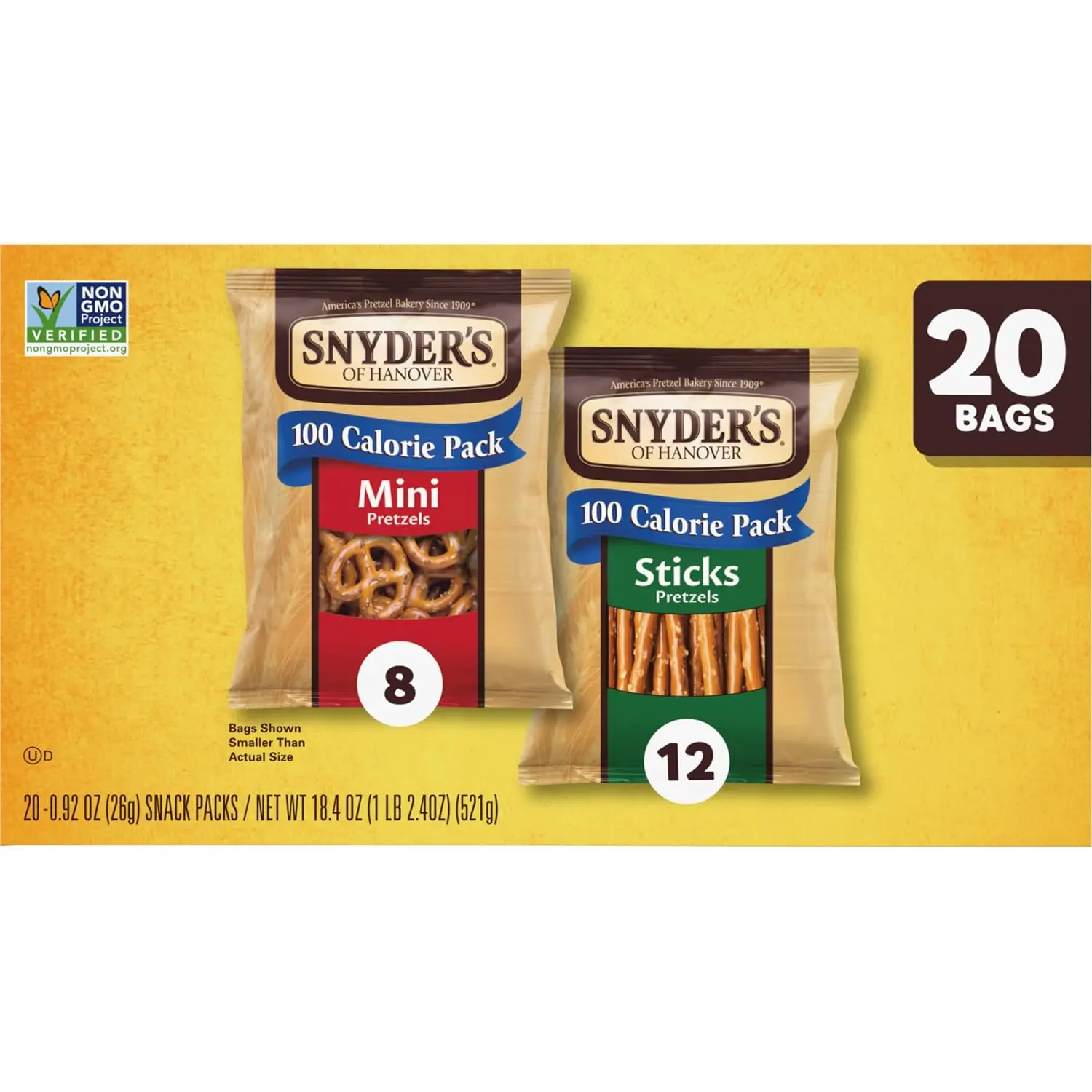 Snyder's of Hanover Variety Pack Crunchy Pretzel Snacks, 20-Count, 0.92 Oz Each, Snack, Crunch
