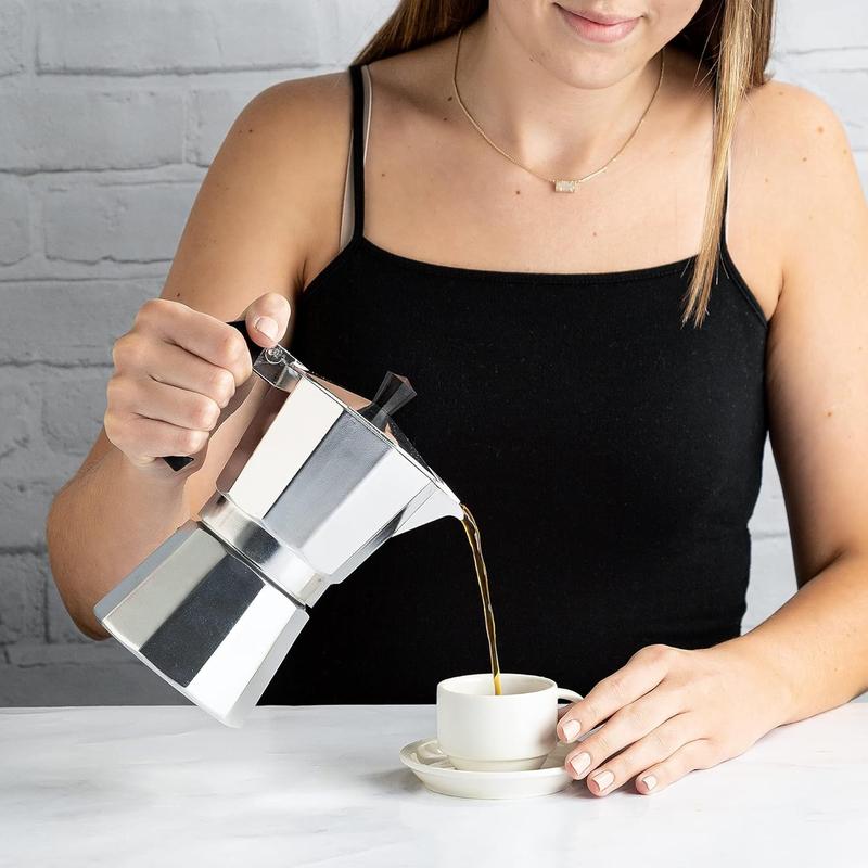 Italian Style Aluminum Moka Pot Espresso Brewer, Classic Stovetop Coffee Pot for Home, Office & Camping, Reusable Coffee Maker in Multiple Cup Sizes