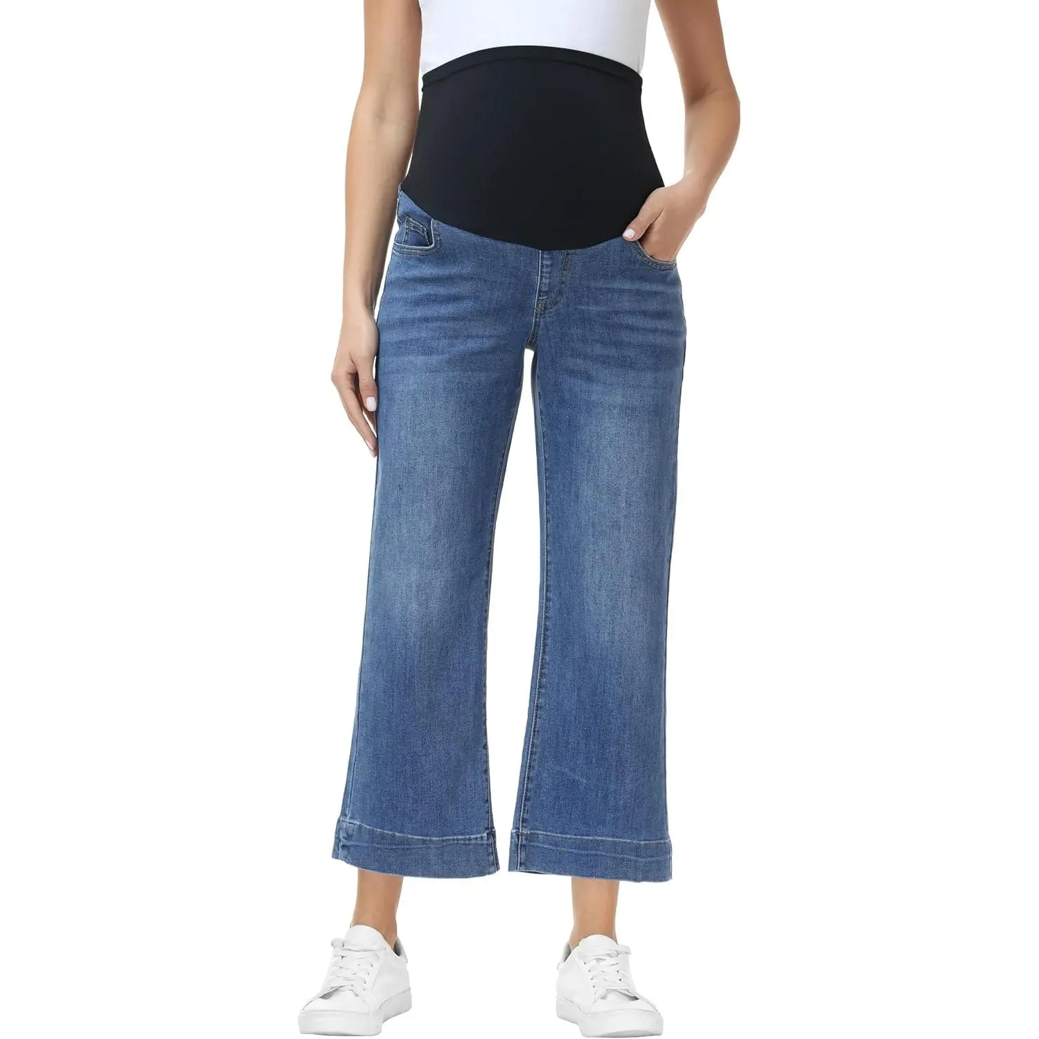 Foucome Women's Maternity Jeans Wide Leg Trendy Cropped Denim Pants Stretchy Baggy Pregnancy Capris Jeans
