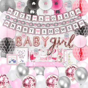 697 Piece Pink Elephant Baby Shower Decorations for Girl Kit - It's a Girl Pre-Strung Banners Garland Guestbook Sash Balloons Cake Toppers Paper Fans Lanterns Napkins Straws Games & Thank You Stickers