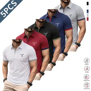 Men’s summer essential five-piece set of long-sleeve shirts—minimalist commuter style, quick-dry wrinkle-resistant fabric, contrast color trim at the collar and cuffs; short-sleeve design suitable for business meetings, friend gatherings, sports, and fitn