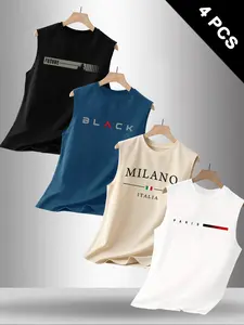 Men's 4 Pack Letter Milan Series Graphic Print Round Neck Sleeveless T-Shirt, Casual Street Style Streetwear Classic Comfortable Top for Summer Outdoor Fitness