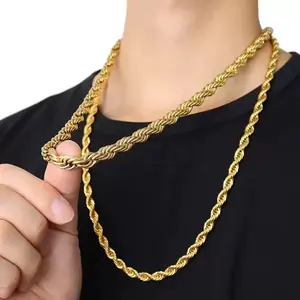 14K Gold-Plated Rope Chain Necklace for Men & Women, Twisted Hip Hop Chain, Streetwear Fashion Jewelry Gift