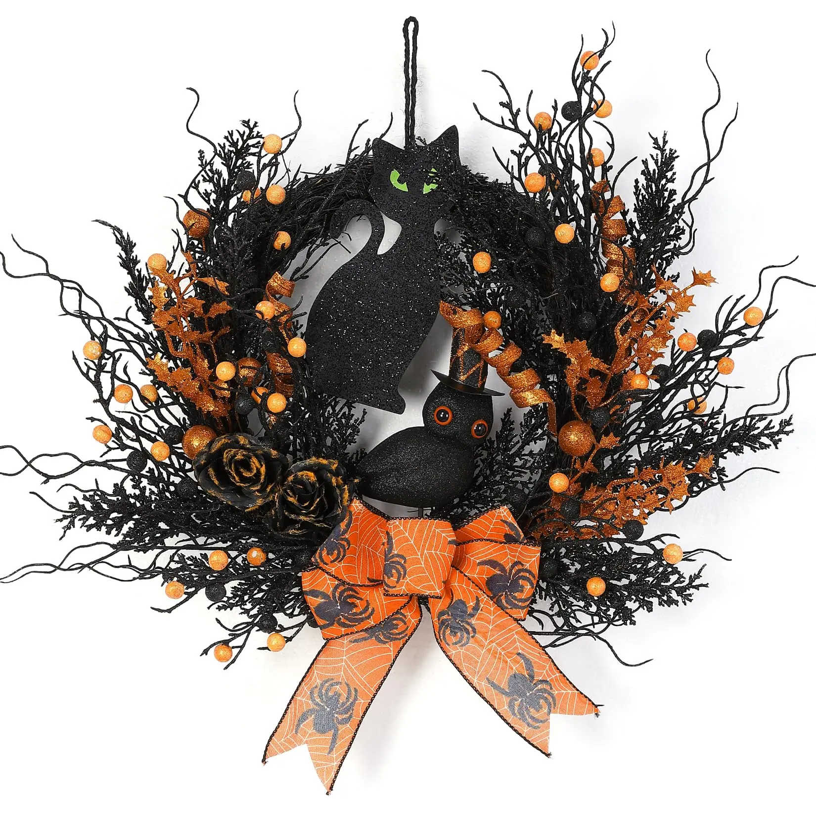 GARVEE 22 Inch Halloween Fall Wreath for Front Door, Black Halloween Door Wreath with Owl, Black Cat, Artificial Rose, Window Wall Decor Cute Wreath Indoor Outdoor Gothic Wreath Decorations