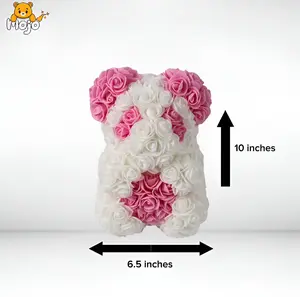 White and Pink Rose Bear for Home Decor - Cute Bear in White & Pink - Ideal for Home Decor, Rose Flower Bear-Hand Made Rose Teddy Bear, Teddy Bear with Rose, Everlasting Rose flower with Ribbin Bowknot for Home Decor, Bedroom Flowers Decor Accessories