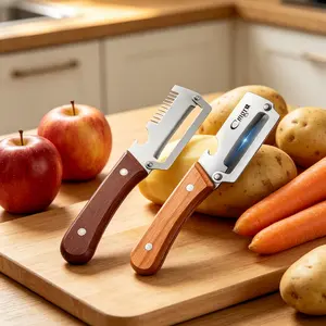 Wooden-Handled Vegetable & Fruit Peeler - Stainless Steel Blade with Bottle Opener, Ergonomic Kitchen Tool