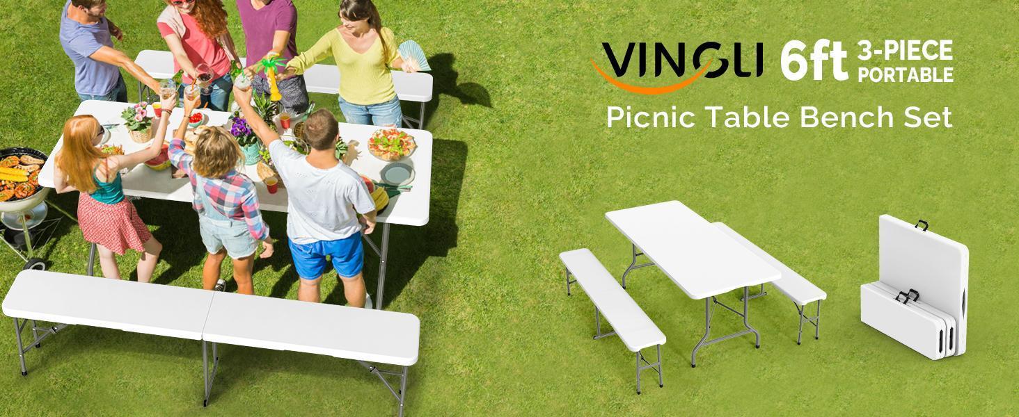 VINGLI Picnic Table Set with 2 Benches, 6 Feet Camping Table Chair Set,3-Piece Folding Furniture for Indoor or Outdoor Use, Smooth Tabletop, White