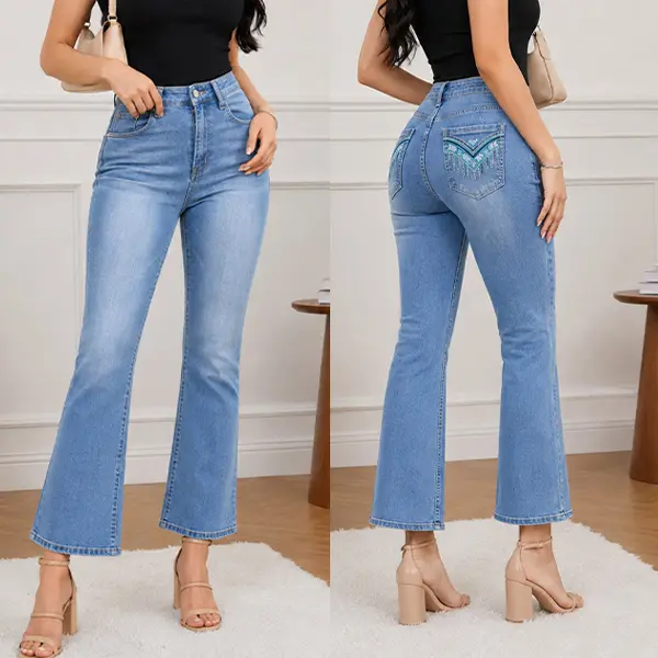 Women Clearance Sale Clothing, Super  Loss‑Making Liquidation, Size‑Out Special, High‑Rise Embroidered Pocket Flare Jeans, Slim Leg‑Lengthening Light Wash Retro Daily Denim