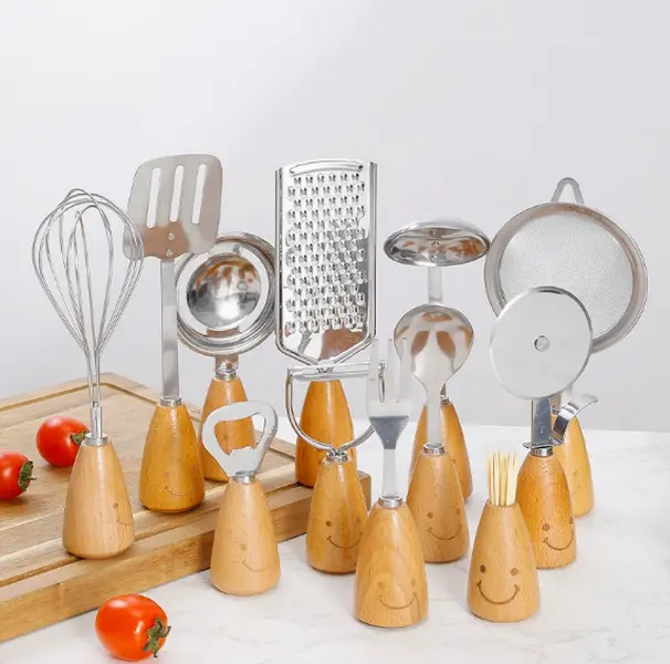 Cute Smiley Wood Handle Mini Cooking Utensils Stainless Steel Whisk Grater Spoon Baking Kitchen Tools For Home