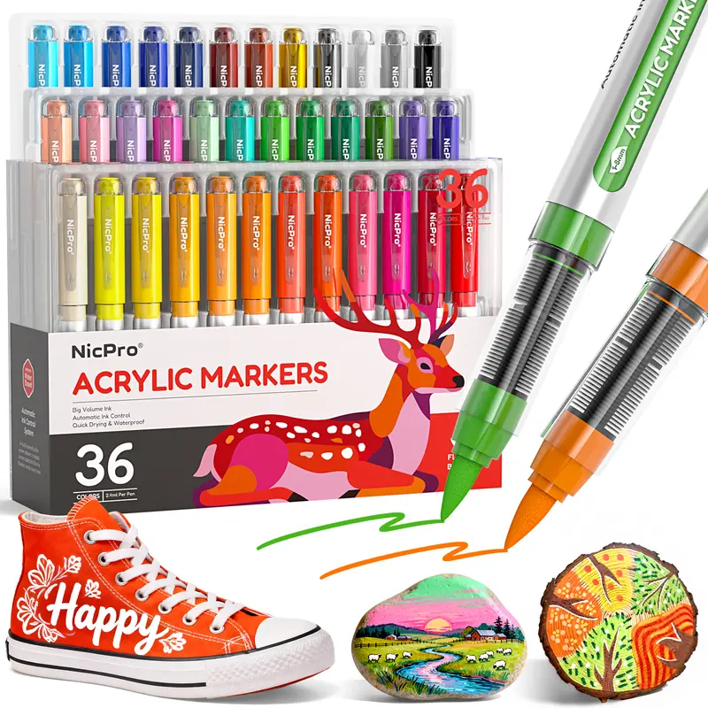 Nicpro Acrylic Paint Markers, Flexible Brush Tip Water-Based No-Bleed Office Stationery with Automatic Ink Control, Accurate & Consistent Ink Flow, 2.4ml Waterproof Markers for Coloring, Easter DIY Crafts - Eggs/Rocks/Glass, Ideal Gift Choice