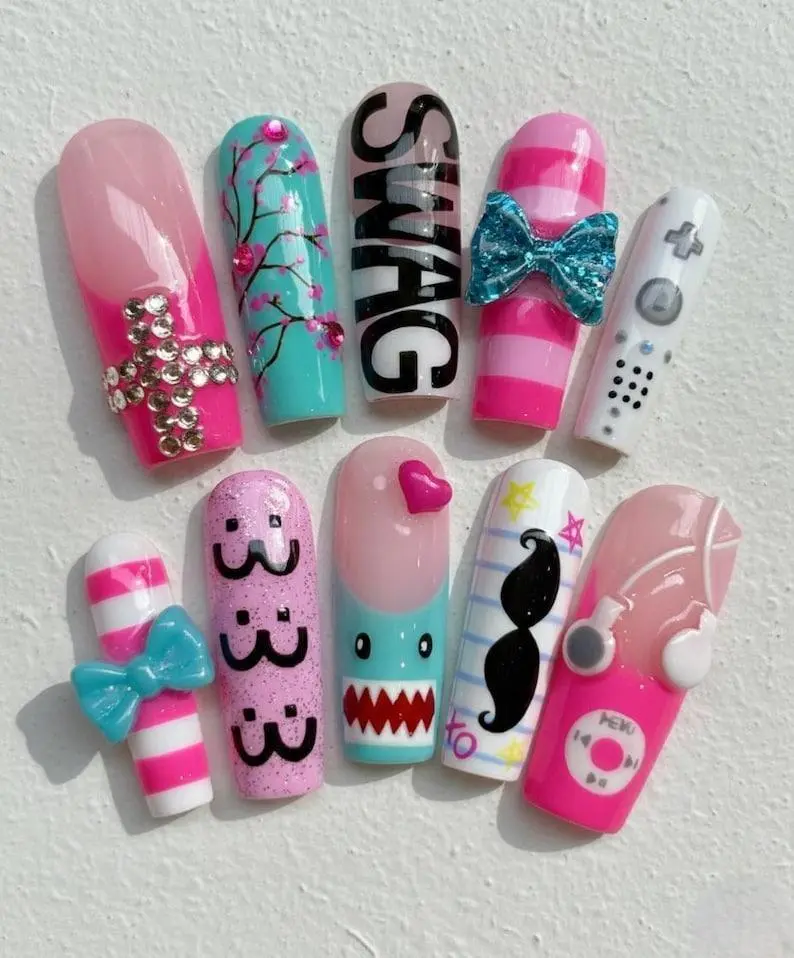 Y2K Press On Nails, Handmade 3D Gel Art, Retro Kawaii Set Scene Queen Vibes, SWAG graffiti Nails Art