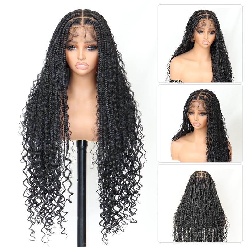 Boho Braided Wig 36Inch Full Lace Premium Synthetic Knotless Box Braid Wig with Baby Hair Bohemian Curly Ends